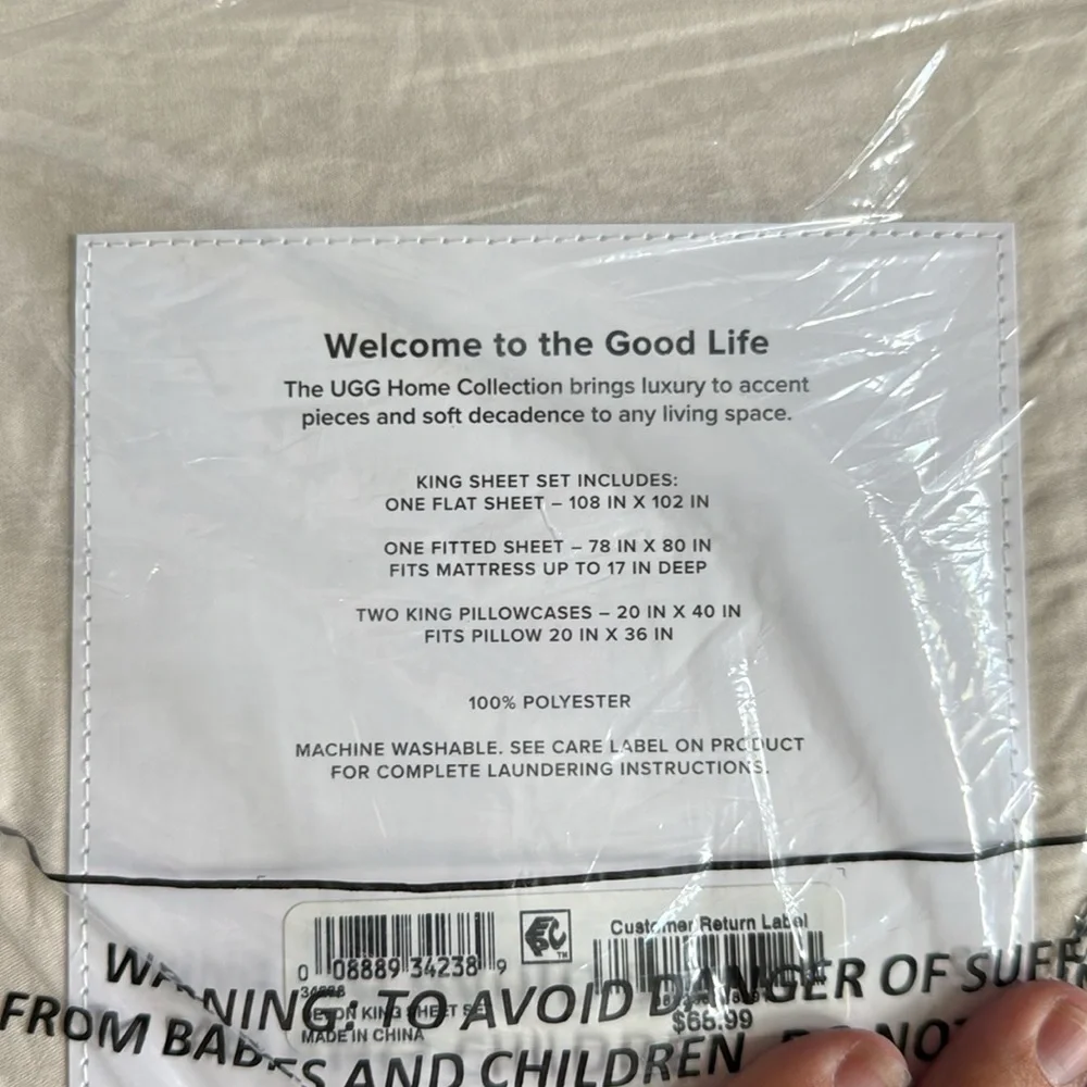 NIB UGG Devon King 4 Piece Sheet Set- Natural Parchment- Fits Mattress 17” Deep